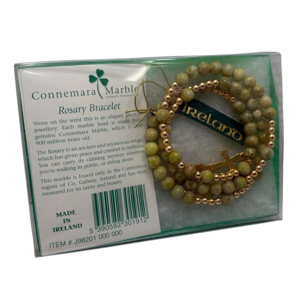 Gold-tone & Connemara Green Marble Bead Coil Wrap Rosary Bracelet Ireland